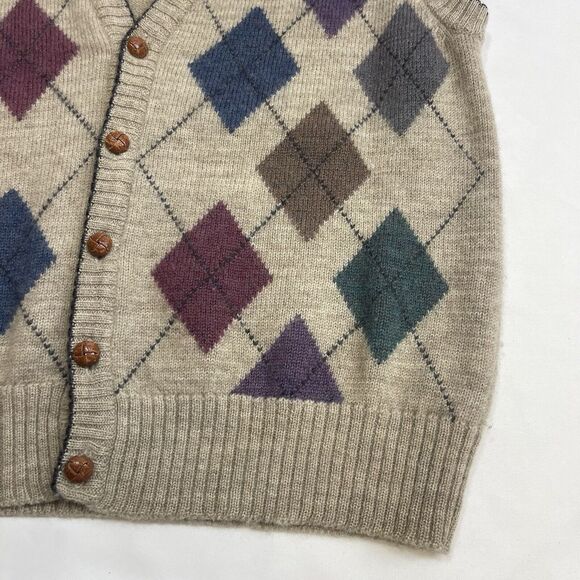 VTG Boston Trader Argyle Sweater Vest Men's XL Multicolor Wool Leather Buttons - Picture 5 of 9